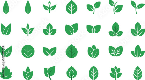 Green Leaf Vector Set Featuring Various Leaf Shapes, Organic Symbols, and Natural Icons for Digital Design.