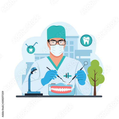 Vector illustration of a male dentist wearing a surgical mask, cap, and gloves, using professional dental tools on a prosthetic jaw model with teeth icons and city background.