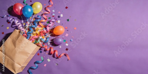 Brown paper bag overflowing with colorful balloons ribbons and confetti. Festive party supplies spilling out on purple background. Celebration and birthday gift concept. banner format