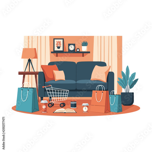 Flat vector illustration of a modern living room interior featuring a dark blue sofa, multiple shopping bags, a miniature grocery cart, coffee cups, books, and home decor items.