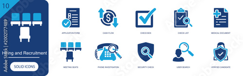 Hiring and recruitment icon set. Containing application form, cash flow, check box, check list, medical doc, meeting seats, phone, security check and more. Solid fill vector icons.