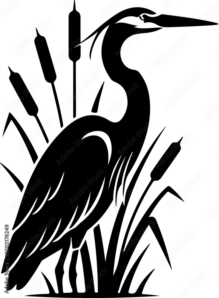 Fototapeta premium Elegant heron standing gracefully among cattails Vector Art