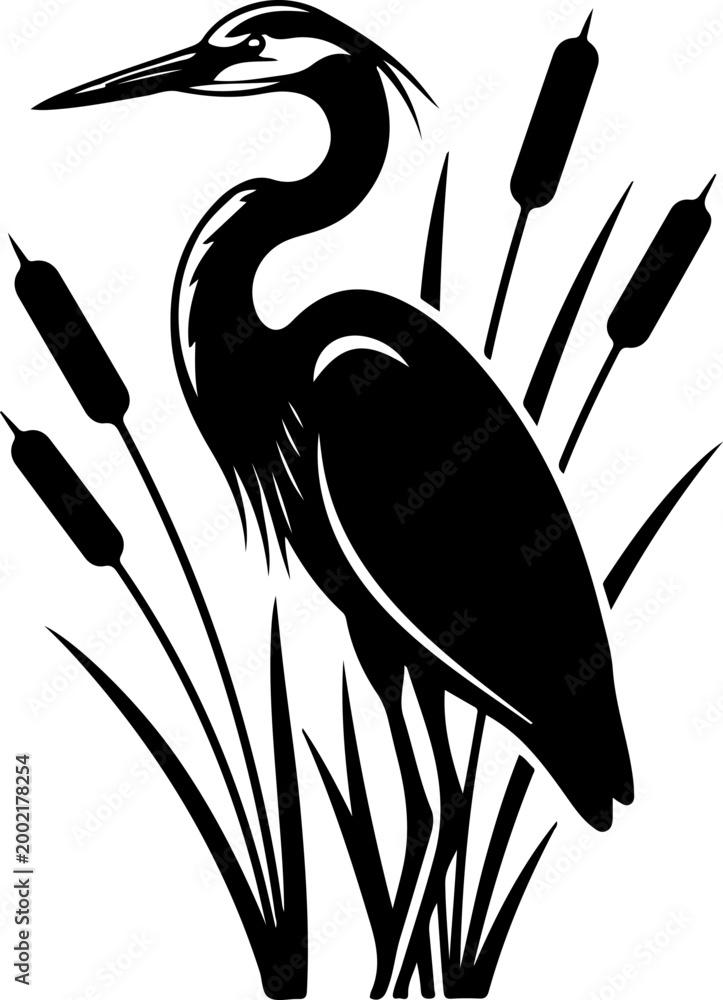 Fototapeta premium Elegant heron standing gracefully among cattails Vector Art