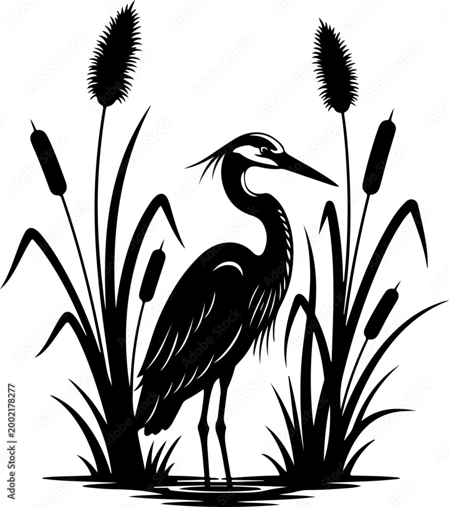 Fototapeta premium Elegant heron standing gracefully among cattails Vector Art