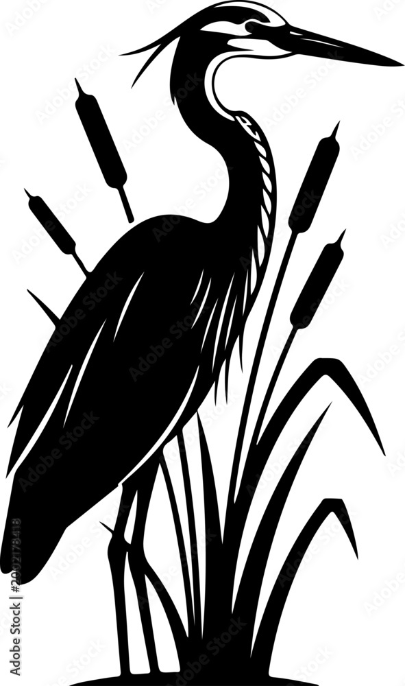 Obraz premium Elegant heron standing gracefully among cattails Vector Art