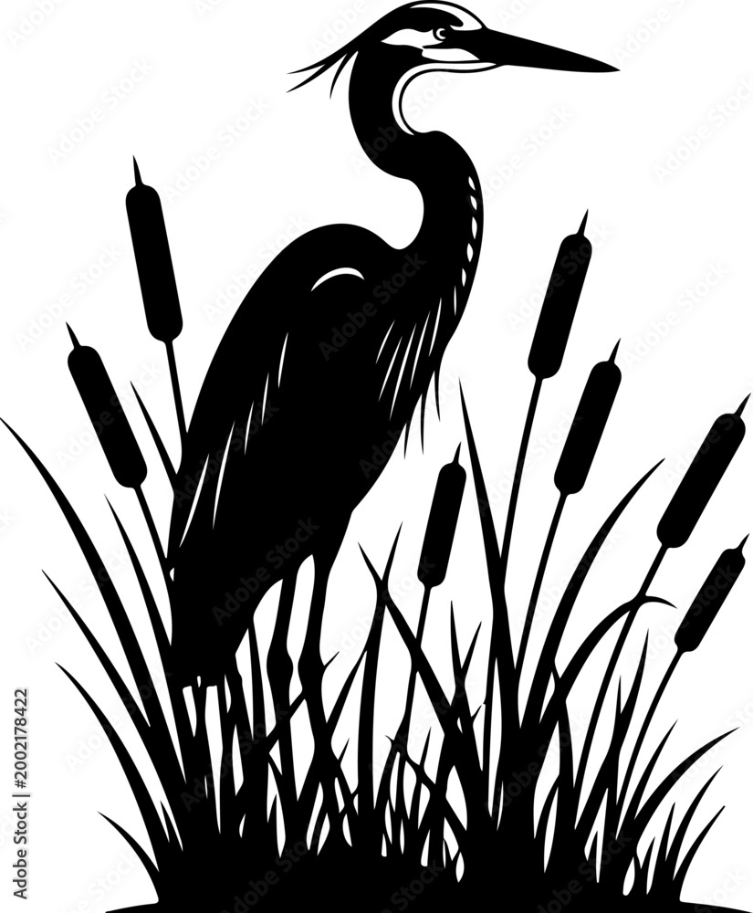 Obraz premium Elegant heron standing gracefully among cattails Vector Art