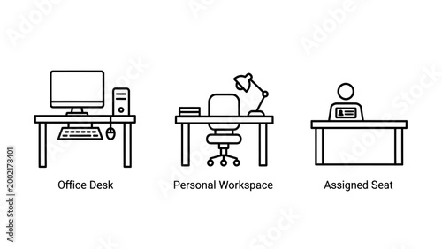 Office desk personal workstation and assigned seat icons line art office furniture office supplies desk setup working space home office remote work artist studio study area computer