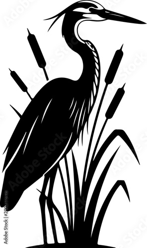 Elegant heron standing gracefully among cattails Vector Art