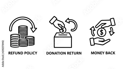 Icons for refund policy donation return money back guarantee stack of coins dollar sign circular arrows customer satisfaction exchange rate donation guarantee commerce business