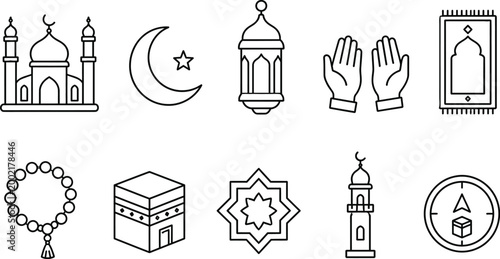 Islamic line icons set with mosque, crescent moon, lantern, prayer hands and Kaaba for Ramadan and Eid