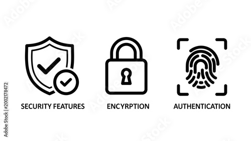 Icons for security features encryption authentication with check mark line art security encryption authentication features verified fingerprint biometric protection technology identity