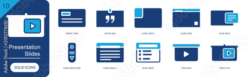 Presentation slides icon set. Containing credit card, quote box, slide card, slide deck, slide indicators, slide panel, video box, video play, slideshow and more. Solid fill vector icons.