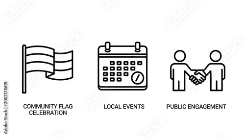 Icons representing community flag local events fair engagement with community celebration calendar engagement handshake illustration celebrate together partnership agreement schedule