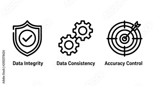 Icons representing data integrity consistency accuracy control with integrity consistency accuracy checkmark dartboard illustration security protection standard precision reliability