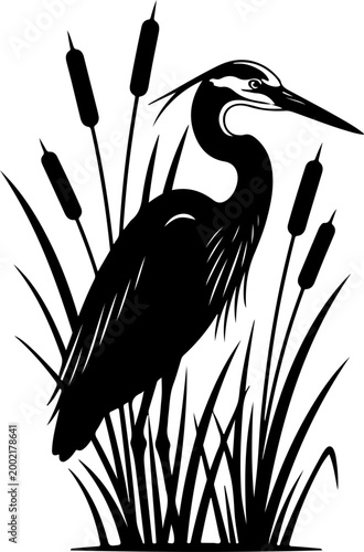 Elegant heron standing gracefully among cattails Vector Art