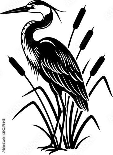 Elegant heron standing gracefully among cattails Vector Art