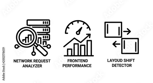 Web development icons: network request analyzer frontend performance layout shift detector analyzer performance frontend detector optimization analysis programming technology computer