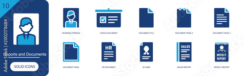 Reports and documents icon set. Containing business person, check document, document file, document page, HR document, ID card, sales report, weekly report and more. Solid fill vector icons.