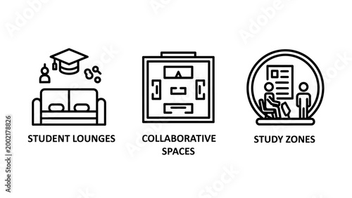 Icons representing student lounges collaborative spaces study zones in educational institutions graduation cap university life academic environment shared space group study individual stud