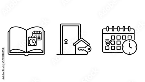 Icons for learning home security calendar scheduling with real estate check mark time management open book calendar scheduling planning security education learning organization management