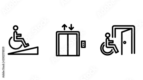 Icons for accessibility: wheelchair ramp elevator accessible door with public space barrier free accessibility wheelchair elevator accessible disabled handicap entrance building transport
