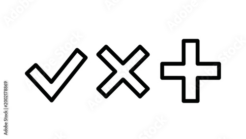Checkmark x mark plus symbol icons for options and decisions with check mark x mark checkmark incorrect decisions selection confirmation rejection document questionnaire interface contrast