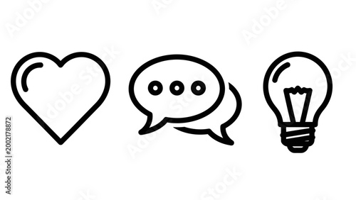 Social media icons: heart chat bubble lightbulb for likes comments ideas with speech bubble user interface lightbulb communication feedback engagement internet minimalist connection emoticon