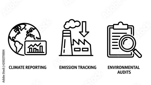 Icons representing climate reporting emission tracking environmental audits with climate change eco friendly magnifying glass carbon footprint environment global warming industry pollution