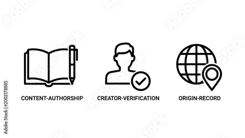 Icons for content authorship creator verification origin record with intellectual property authorship open book verification identity checkmark registered location internet authenticity