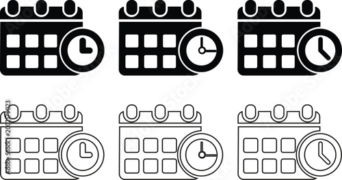 Calendar and clock icon set time and schedule management black and white silhouette vector