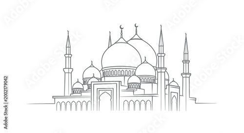 mosque line drawing with domes and minarets