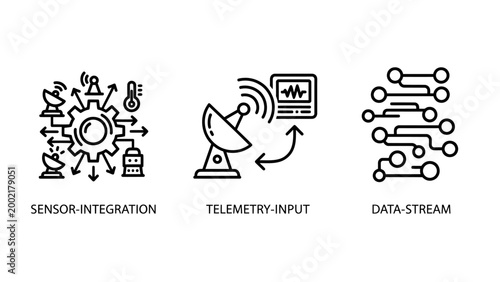 Sensor integration telemetry input data stream line icons for advanced technology and digital systems with integration telemetry technology communication engineering analytics information