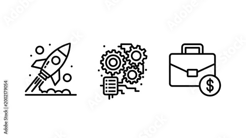 Rocket launch process automation business finance line icons for startup growth and operational management with business automation strategy innovation technology development management