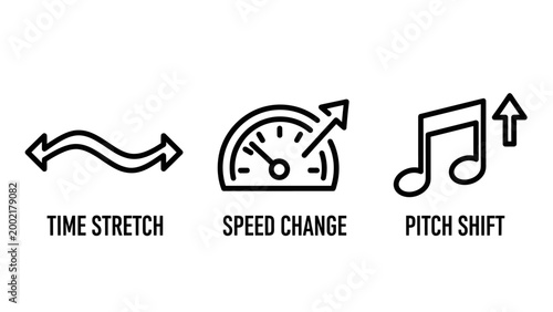 Audio editing settings icons representing time stretch speed change and pitch shift with software interface processing waveform adjustment graphics production frequency settings creative
