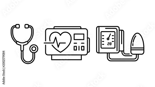 Stethoscope heart monitor blood pressure cuff line icons for medical diagnostics and healthcare services with stethoscope pressure healthcare diagnostics examination hospital electrocardiogram
