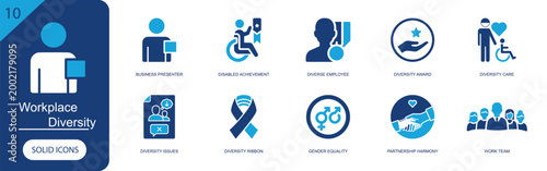Workplace diversity icon set. Containing business presenter, disabled achievement, diverse employee, diversity award, diversity care, gender equality and more. Solid fill vector icons.