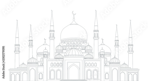 mosque line drawing with domes and minarets