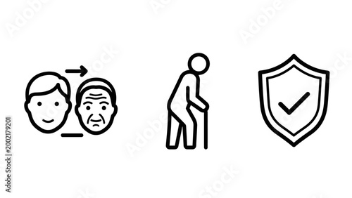 Life aging process icons set featuring human face transformation elderly person with cane security shield symbol security protection transformation development insurance silhouette