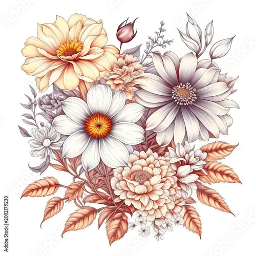 Floral illustration featuring a variety of flowers including daisies, peonies, and chrysanthemums with delicate leaves in soft pastel colors on a white background