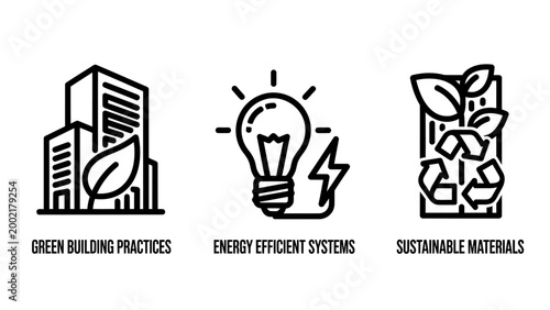 Green building practices energy efficient systems sustainable materials line icons with eco friendly line art black white sustainability environment architecture construction lightbulb