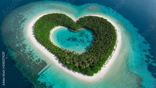 Heart-shaped island surrounded by turquoise waters and coral reefs