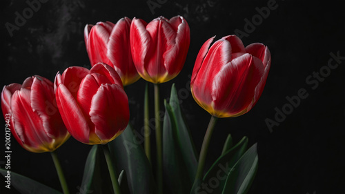 Red tulips with white stripes arranged against a dark background