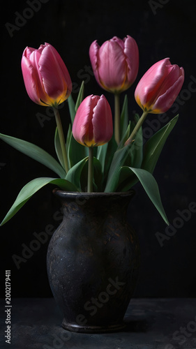 Pink tulips in dark vase against black background, floral arrangement