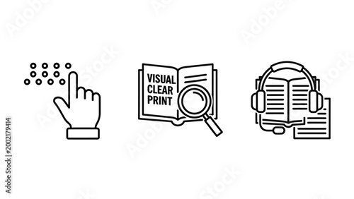 Accessibility information icons featuring braille finger reading large print book with magnifying glass and audio book with headphones accessibility headphones magnifying impaired disabled
