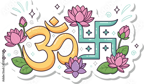 Golden Om symbol and Swastika sign with pink lotus flowers illustration