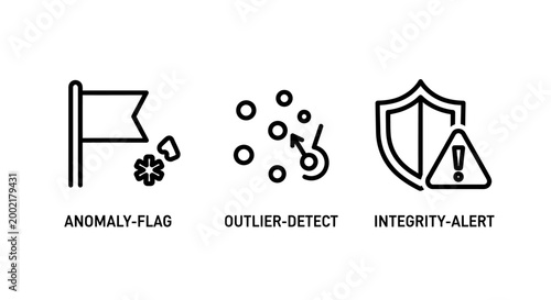 Data integrity and anomaly detection icons set with flag indicator outlier identification and system security alert warning integrity security monitoring analysis detection information software