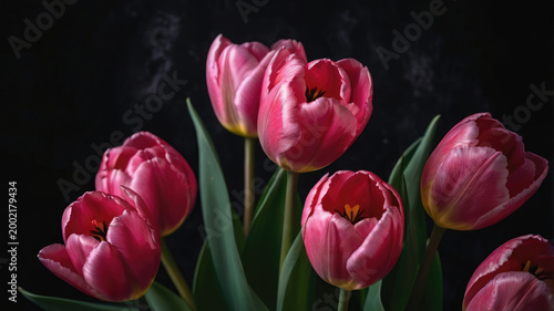 Pink tulips with green leaves against a dark background, floral arrangement