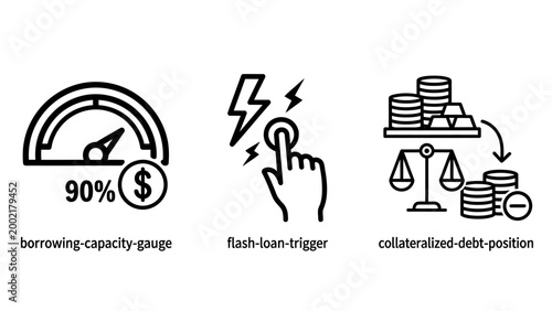 Borrowing capacity gauge flash loan trigger collateralized debt position icons for decentralized finance and cryptocurrency concepts with smart contract cryptocurrency blockchain financial