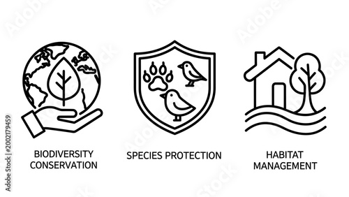 Biodiversity conservation species protection habitat management icons for environmental sustainability and ecological efforts with paw print biodiversity conservation environment ecological