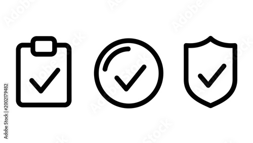 Set of security and validation line icons featuring checkmarks inside a clipboard document a circular badge and a protective shield for safety and compliance security validation checkmark document